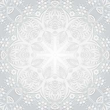 Vektör çizim. Çiçek dairesel deseni. Stilize bir çizim. Mandala. Stilize dantel modeli. Hint çiçek süsleme ve desen. Tebrik kartları, etiketleri için hassas beyaz çiçek arka plan.