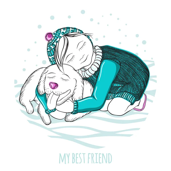 Vector illustration. My best friend. Little girl hugging a good dog. Hand drawing. Winter picture. The falling snow. Children's picture for greeting cards. Picture a little girl, knitted sweater, hat.