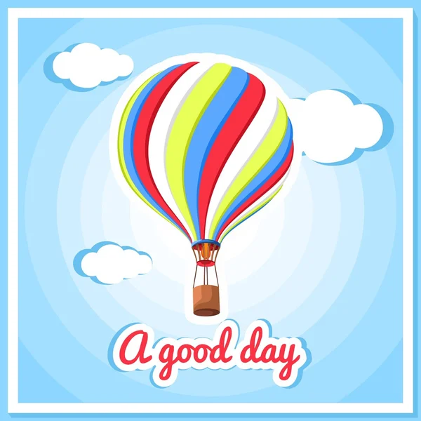 Vector illustration of a hot air balloon, clouds. Beautiful, colorful balloon, hot air balloon. Greeting card, poster. Good day, air, nature, sky, clouds. Summer background. — Stok Vektör