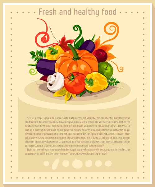 Vector backgrounds, banners about healthy eating. Vector vegetables elements for infographics. Isolated vegetables. Fresh and healthy food. Diet. Tomato, yellow pepper, mushroom, pumpkin. — Stock Vector