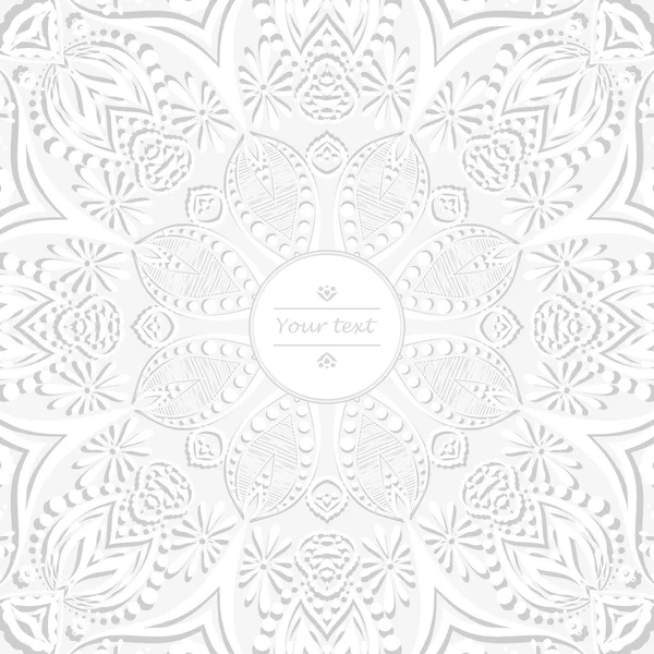 Vektör çizim. Çiçek dairesel deseni. Stilize bir çizim. Mandala. Stilize dantel modeli. Hint çiçek süsleme ve desen. Tebrik kartları, etiketleri için hassas beyaz çiçek background. Metinde yer.