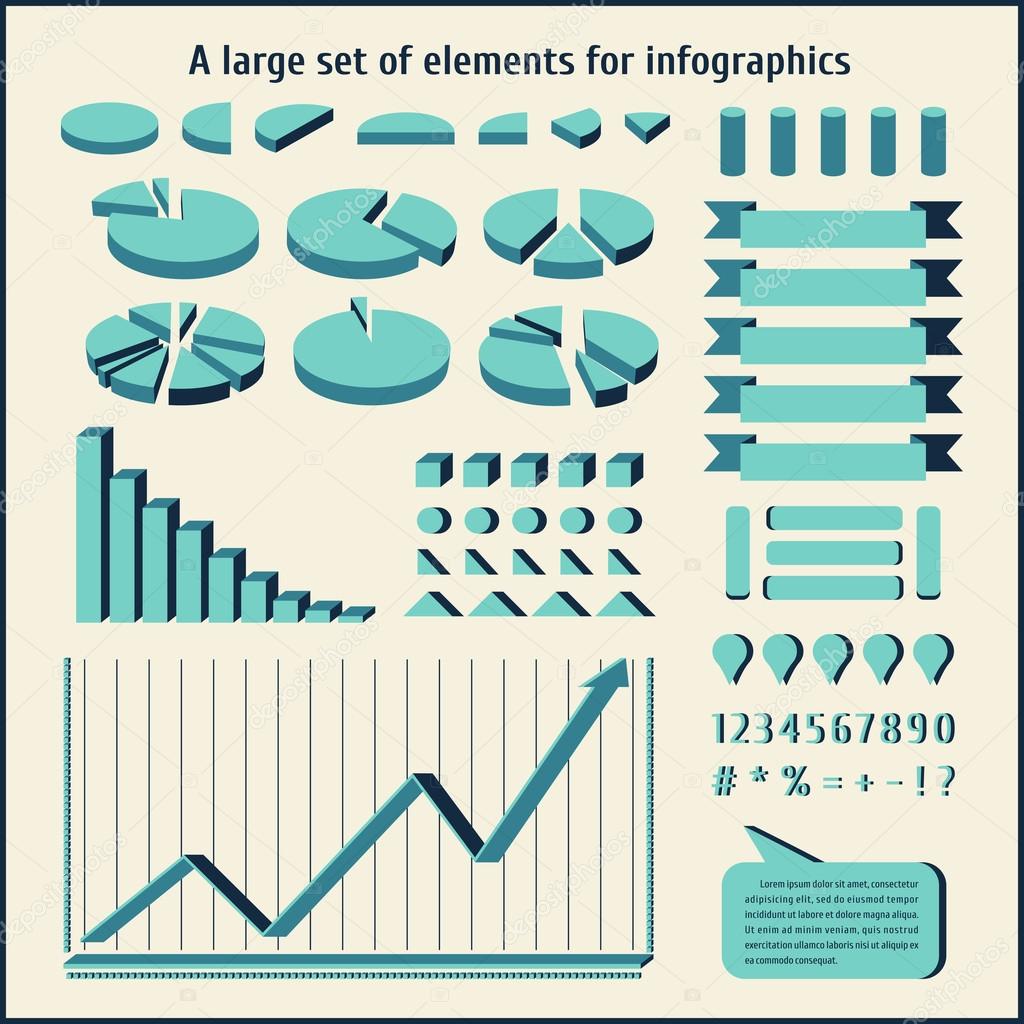 Big set elements for infographics. Charts, diagrams for the Statistics and Research. Set of business. Cloud for thought. Ribbons, scale, figures.