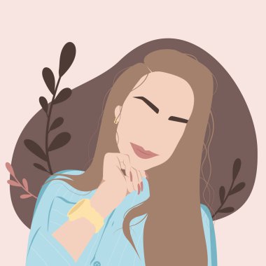 Minimalist Düz Tarzlı Mutlu Genç Bir Kızın Portresi Soyut Bej Arkaplan ve Koyu Kahverengi Yapraklar Boho Tarzı
