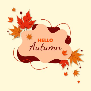 Merhaba Autumn vektör arkaplan afişi ve poster. Merhaba sonbahar mesajları kırmızı ve turuncu sonbahar yaprakları ve açık sarı arkaplan. Vektör illüstrasyonu.