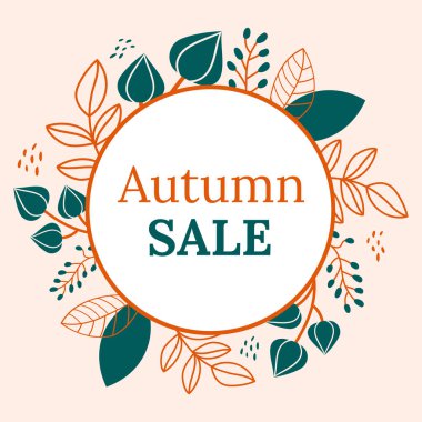 Sosyal medya için sonbahar indirimli pankart. Bej Arkaplanda Yeşil ve Turuncu Elementler