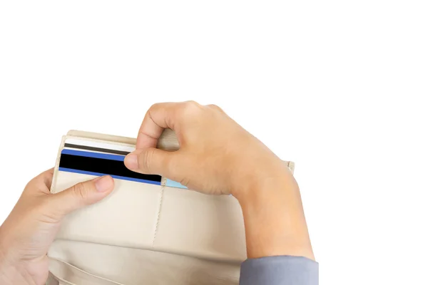 Hands pull credit card out of wallet — Stock Photo, Image