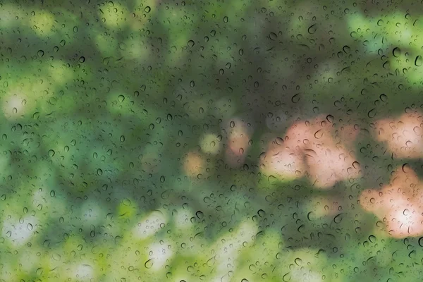 Árbol borroso fondo bokeh detrás de la gota de lluvia en el espejo de vidrio w — Foto de Stock