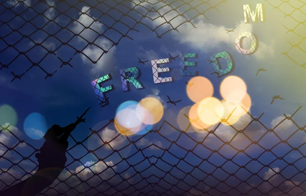 Silhouette Hand mit Schere Schneidenetz mit Himmel Hintergrund und Text Freiheit, frei fliegen, Freiheitskonzept — Stockfoto