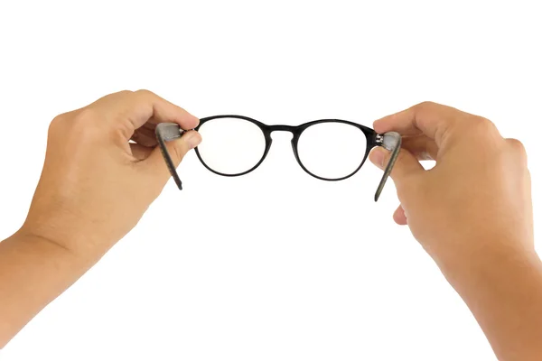 Eller beyaz arka planda giymek için gözlük almak