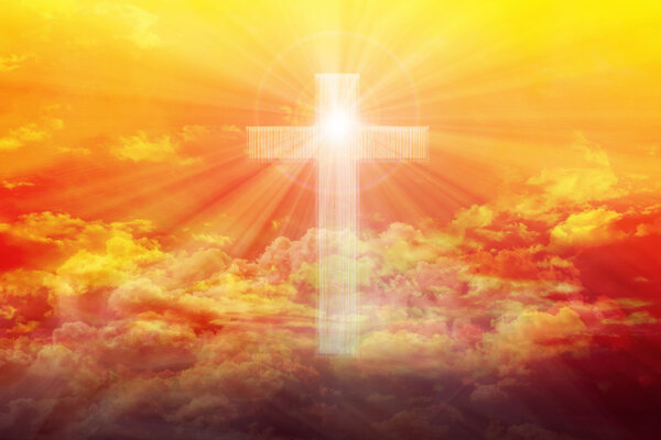 Light from sky or heaven shine trough crucifix or cross form on 