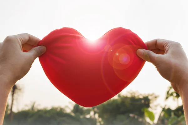 Hand voorzichtig verhogen van rood hart, liefde en zorgconcept — Stockfoto