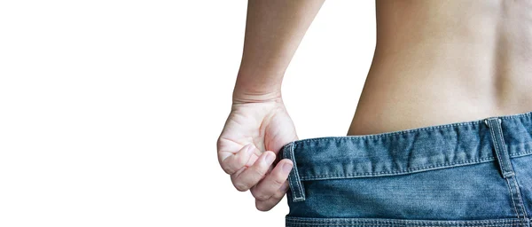 Piccola vita a donne di dieta vista rara con jeans di denim sciolti grandi — Foto Stock