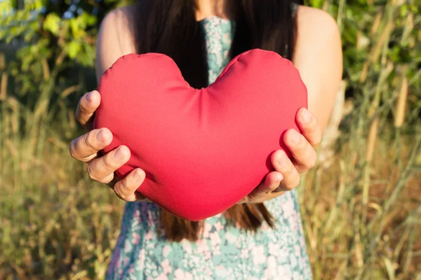 Lady handen zachtjes verhogen en houd rood hart met liefde en respect met de achtergrond van de natuur — Stockfoto