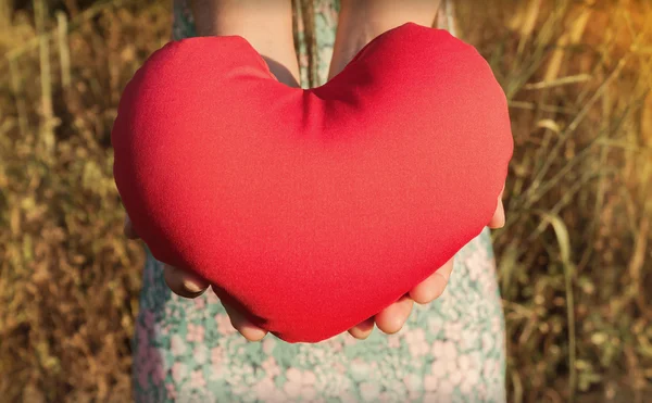 Geïsoleerde twee handen zachtjes verhogen en houd rood hart met liefde en respect met achtergrond van de natuur — Stockfoto