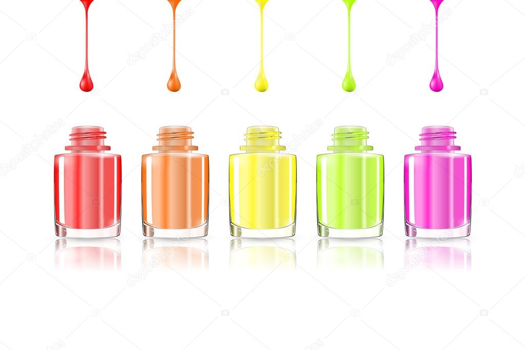 Vivid Rainbow nail polish bottles. Multicolored drips isolated on white background. Vector illustration eps10: mesh and gradient. Colourful Manicure. For cosmetics fashion beauty advertising.