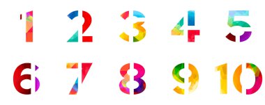 Parlak gökkuşağı çokgen sayı alfabe renkli yazı tipi stili soyut. bir iki üç dört beş altı yedi sekiz dokuz on basamak sıfır. vektör çizim. 3D geometrik rakamı izole tasarım ayarla