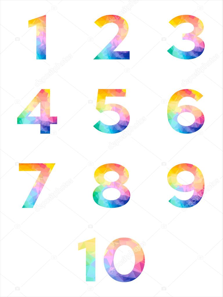 Abstract bright rainbow polygon number alphabet colorful font style. one two three four five six seven eight nine ten zero digits. creative vector illustration. 3d geometric numeral set design.