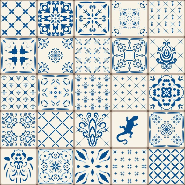 Indigo Blue Tiles Floor Ornament Collection. Gorgeous Seamless Patchwork Pattern from Colorful Traditional Painted Tin Glazed Ceramic Tilework Vintage Illustration. For web page template background — Stock Vector