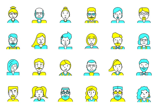 Avatarlar kümesi. Düz stil. İnsanlar profil sayfası, sosyal ağ, sosyal medya, Web sitesi ve mobil web apps için satır renkli simgeler koleksiyonu. farklı yaş, profesyonel insan işgal.