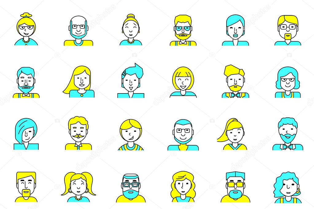 Set of avatars. Flat style. Line colorful icons collection of people for profile page, social network, social media, website and mobile website apps. different age, professional human occupation.