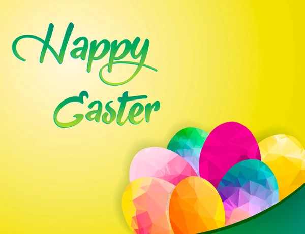 Colorful Happy Easter greeting card with composition of geometric polygonal eggs: green, red, blue. Yellow background. Green text. EPS10 vector illustration. — Stock Vector