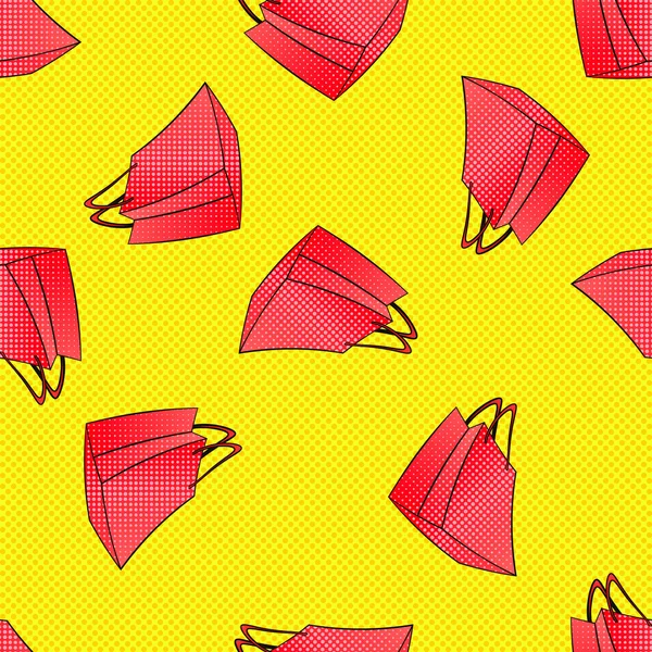 カラフルな赤ピンク ショッピング袋のシームレスなパターン。ブラックフラ イデー、季節春夏冬秋セール。モール、小売店の時を割引します。ファッションの日。レトロな黄色ハーフトーン ドット背景. — ストックベクタ