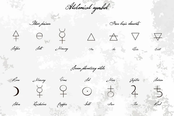 Medieval Magical Alchemical science signs set, estilo de tinta desenhada à mão. Primos, elementos básicos, metais planetários com título vintage desenhado à mão. Coleção de alquimia. filosofia, ocultismo . —  Vetores de Stock