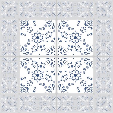 Fayans ve kenarlık muhteşem sorunsuz desen. Fas, Portekizce, Türkçe, Azulejo süsleri. Duvar kağıdı için, desen dolgular, web sayfası arka plan tasarımı, yüzey dokular. Mavi çivit beyaz.