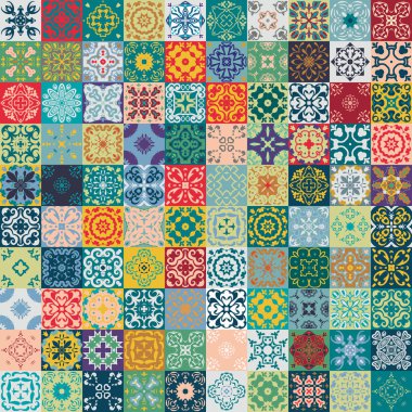 Gorgeous floral patchwork design. Moroccan or Mediterranean square tiles, tribal ornaments. For wallpaper print, pattern fills, web page background, surface textures. Indigo blue teal green olive