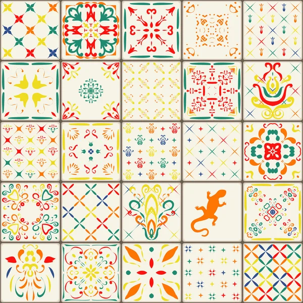 Gorgeous floral patchwork design. Moroccan or Mediterranean square tiles, tribal ornaments. For wallpaper print, pattern fills, web page background, surface textures. — Stock Vector