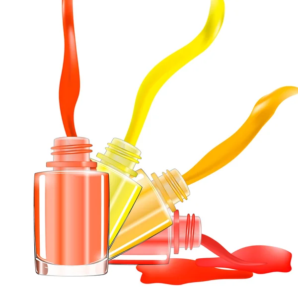 Botellas con esmalte de uñas derramado sobre fondo blanco con esmalte de salpicadura. Ilustración 3D. Colores vivos y brillantes: rojo, rosa, amarillo, naranja. ilustración vectorial . — Vector de stock