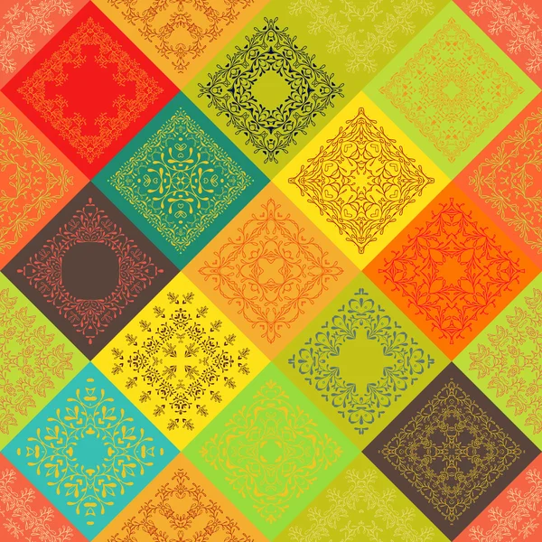 Seamless abstract colorful vintage ceramic tiles with Moroccan pattern frame of trendy flower ornament. Background textures. For fabric textile swatch. India Islam mexican ethnic. Orange, red yellow — Stock Vector