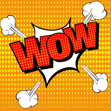 Vay komik metin, Pop Art stil. Komik konuşma balonu. Sürpriz veya şok Vay duygu patlaması ses efektleri ile. Vektör çizim.