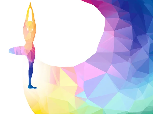 Vektor-Regenbogen-polygonales Etikett mit Frauensilhouette in Yoga-Pose. Yoga Sport Einladungsplakat oder Flyer Hintergrund mit leeren Raum, Banner Vorlage. bunte polygonale Dreieck Hintergrund. Vektor. — Stockvektor