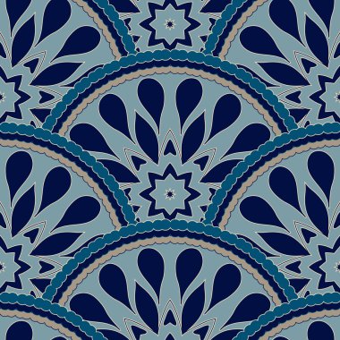 Sorunsuz patchwork tasarlamak çerçeve trendy renkli çiçek çiçek fayans daireler. Duvar kağıdı yüzey dokuları için kumaş Tekstil renk örneği. Hint Islam Meksika etnik yuvarlak tarzı. Beyaz çivit mavi vektör