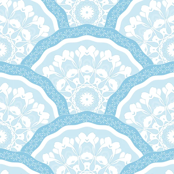 유행 색된 꽃 꽃의 완벽 한 패치워크 패턴 프레임 서클 타일. 벽지 표면 질감, 직물 직물 견본에 대 한 인도 이슬람 멕시코 민족 라운드 스타일입니다. 인디 고 화이트 블루 벡터 — 스톡 벡터