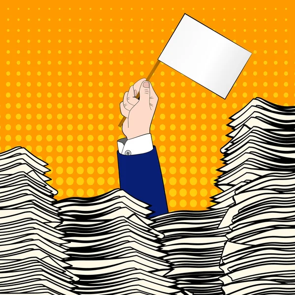 Paperwork. Businessman hand with white flag. Office desk loaded of paperwork , invoices and a lot of papers, documents. Pop art. Overworked man. Time management. — Stock Vector