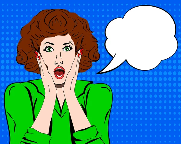 Pop art kadın yüzü açık ağız ile şaşırttı. Komik kadın konuşma balonu ile. Vektör çizim. Panik kadın. Stres. Şok oldum. Şok kadın. Stres kadın. Pop art kadın. kadın ifadeler Vay