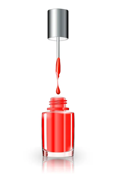 Frasco de esmalte de uñas. cepillo de esmalte de uñas con esmalte rojo, gota. Rojo. Ilustración 3d. vector . — Vector de stock