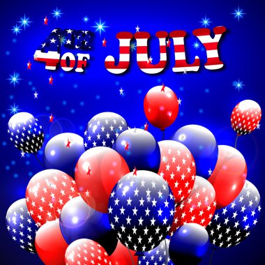Mutlu 4 Temmuz tasarım. Mavi arka plan, baloons yıldız, metin çizgili. Amerikan Bağımsızlık günü selamlar. İnvintation, parti, Barbekü için. vektör