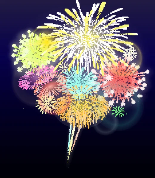 Fuegos artificiales coloridos festivos que estallan en varias formas pictogramas brillantes colocados sobre un fondo transparente. vector abstracto ilustración aislada . — Archivo Imágenes Vectoriales