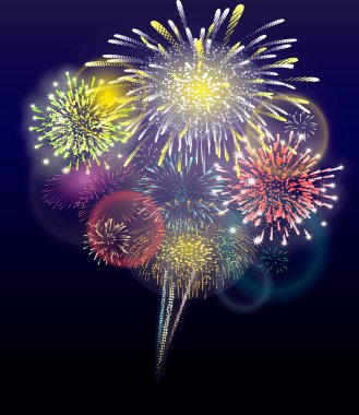 Çeşitli bir de patlama şenlikli renkli havai fişek karşı şeffaf arka plan ayarlamak parlak piktogram şekillendirir. izole tasarlamak vektör çizim.