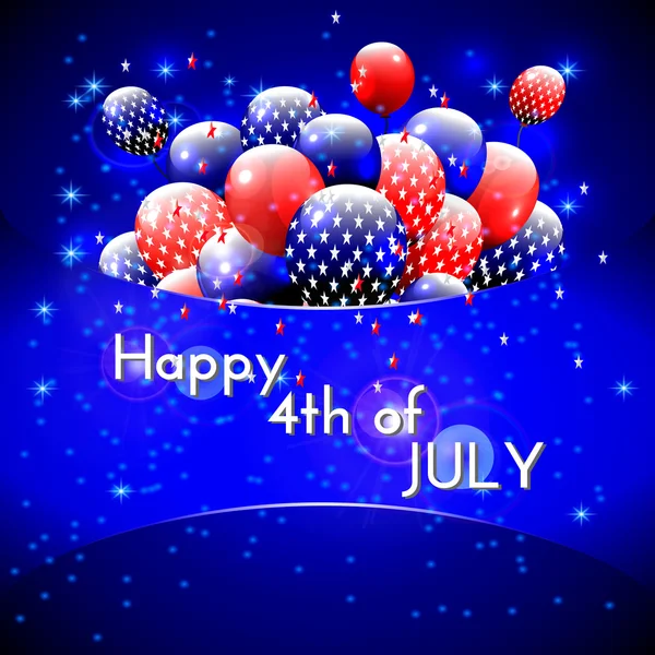 С праздником, 4 июля! Голубой фон, воздушные шары со звездами, полосатый текст. Поздравления с Днем независимости Америки. Для приглашения, вечеринки, барбекю. вектор — стоковый вектор