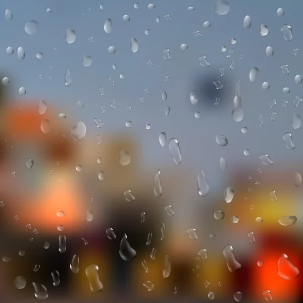 Gotas de lluvia en la ventana con luces abstractas. Ilustración 3d. vector — Archivo Imágenes Vectoriales