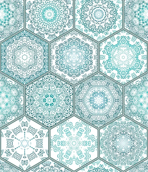 Blue green Tiles Floor Ornament Collection Gorgeous Seamless Patchwork Pattern Colorful Painted Tin Glazed Ceramic Tilework Vintage Illustration web page template background Vector  Image. — Stock Vector