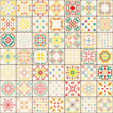 Sorunsuz döşeme deseni. Renkli boho desen. Süsleme desen. Kare çiçek deseni. Sıradışı tasarlamak vektör. Oryantal döşeme deseni. Desen tasarım öğeleri. Portekizce döşeme deseni.
