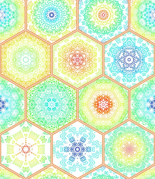 Luxury oriental tile seamless pattern. Colorful floral patchwork background. Mandala boho chic style. Rich flower ornament. Hexagon design elements. Portuguese moroccan motif. Unusual flourish print. — Stock Vector