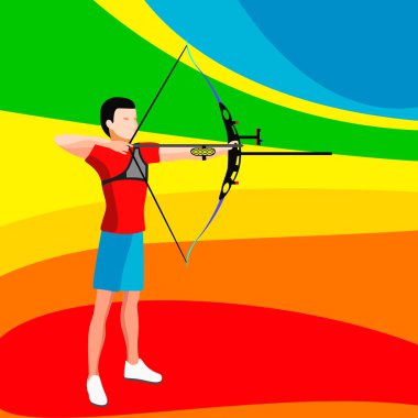 Okçuluk oyuncu 2016 Yaz oyunları Icon Set. 3D izometrik okçuluk oyuncu Archer. Şampiyonası uluslararası Archeryes rekabet spor. Spor Infographic Olimpiyatları Archer illüstrasyon.