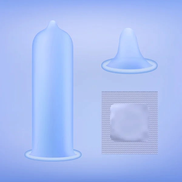पैक के बिना लेटेक्स कंडोम, नीले पृष्ठभूमि पर रोल्ड-अप कंडोम और कंडोम ग्रे पैकेज। वास्तविक वेक्टर चित्र। पैक के बिना कंडोम। कंडोम आइकन या चिह्न अलग. गर्भनिरोधक विधि . — स्टॉक वेक्टर