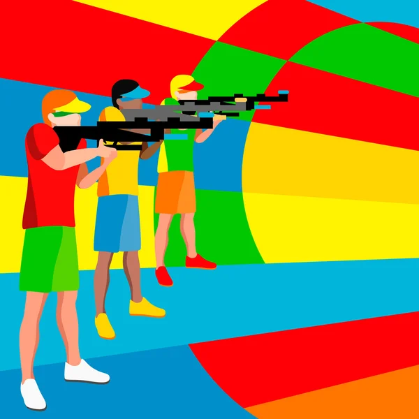 Schieten-spelerspelen zomer 2016. 3D Isometrische Shooter atleet. Sportieve Championship internationale concurrentie schieten. Sport Infographic schieten vectorillustratie. — Stockvector